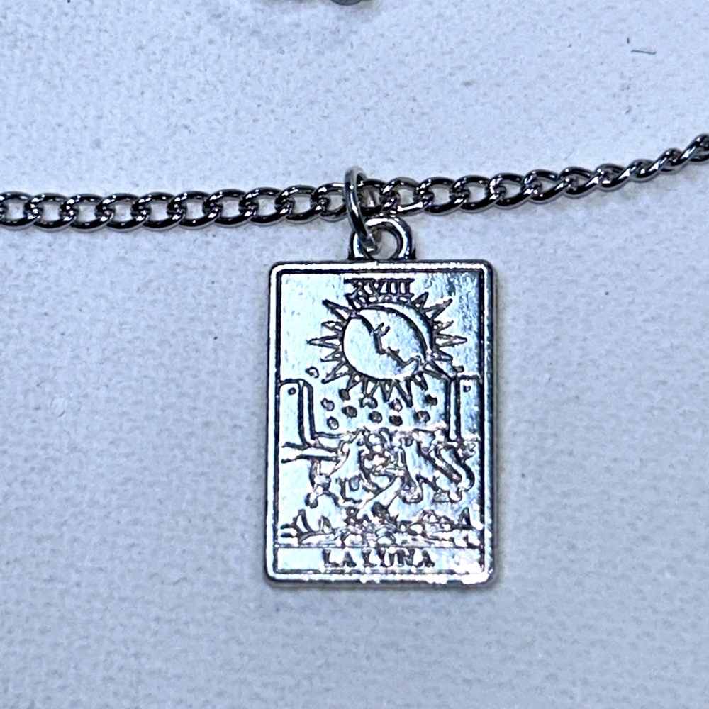 Handmade  “The Moon” Tarot Card Pendant On Stainless Steel Curb Chain Celtic